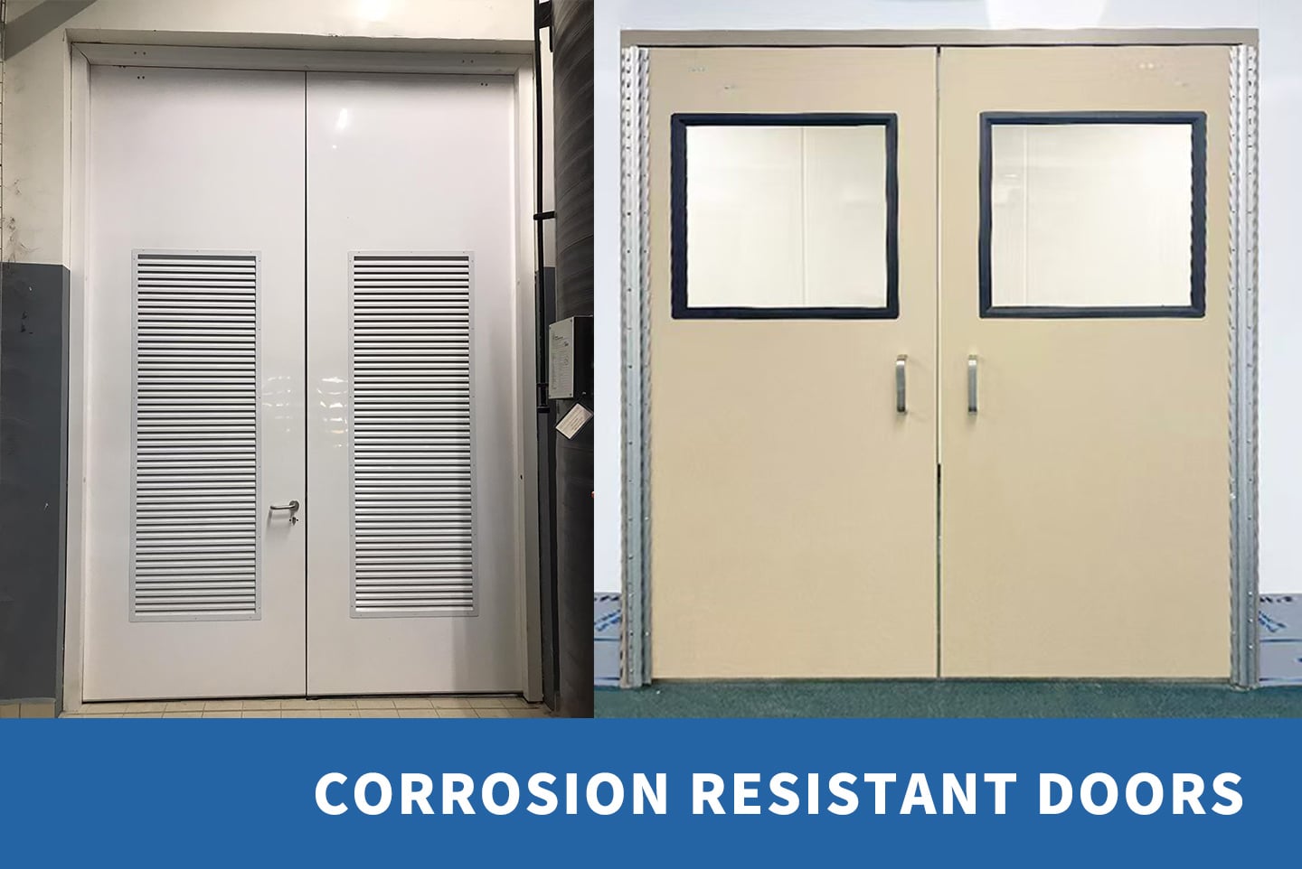 Corrosion resistant doors: white double door with louvers and beige double door with windows Corrosion resistant doors: white double door with louvers and beige double door with windows