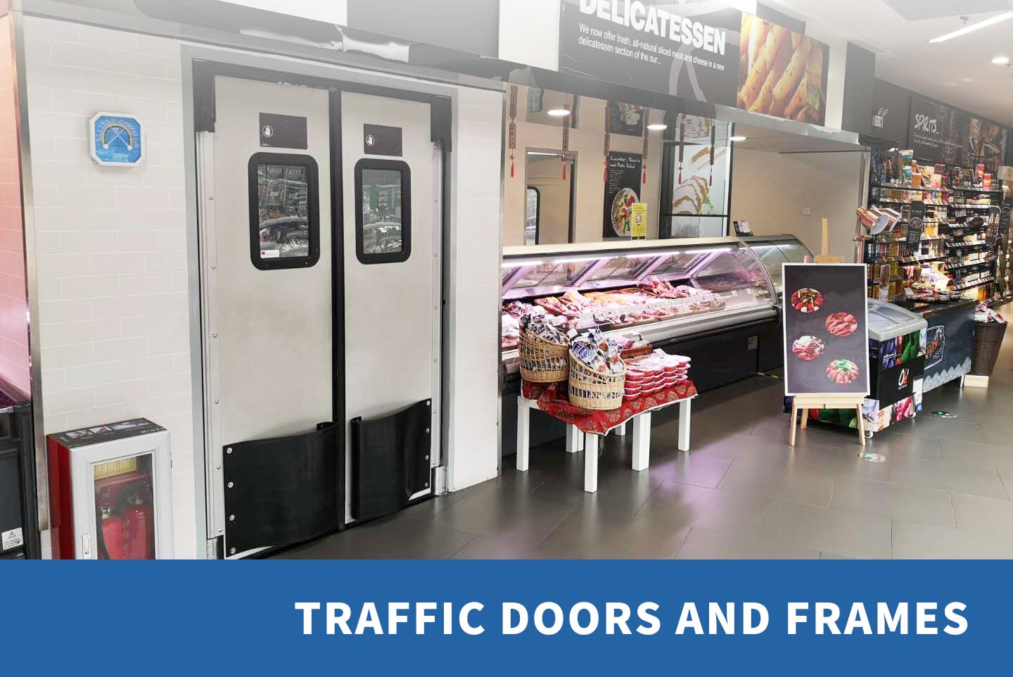 Traffic doors and frames: double traffic doors with windows at a supermarket deli Traffic doors and frames: double traffic doors with windows at a supermarket deli